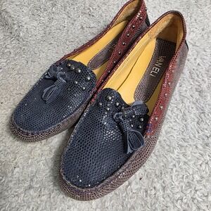 Vaneli Leather Loafers Navy Snake Embossed Studded Tassel Womens 6M Excellent